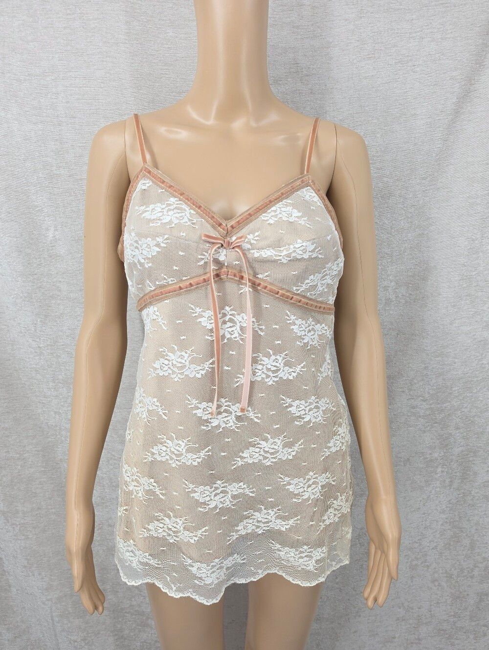 Y2K Off White Sheer Lace  Satin Lining Velvet Trim Babydoll Cami
